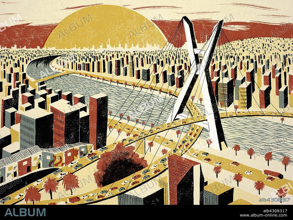 Illustration of Octavio Frias de Oliveira bridge in Sao Paulo.