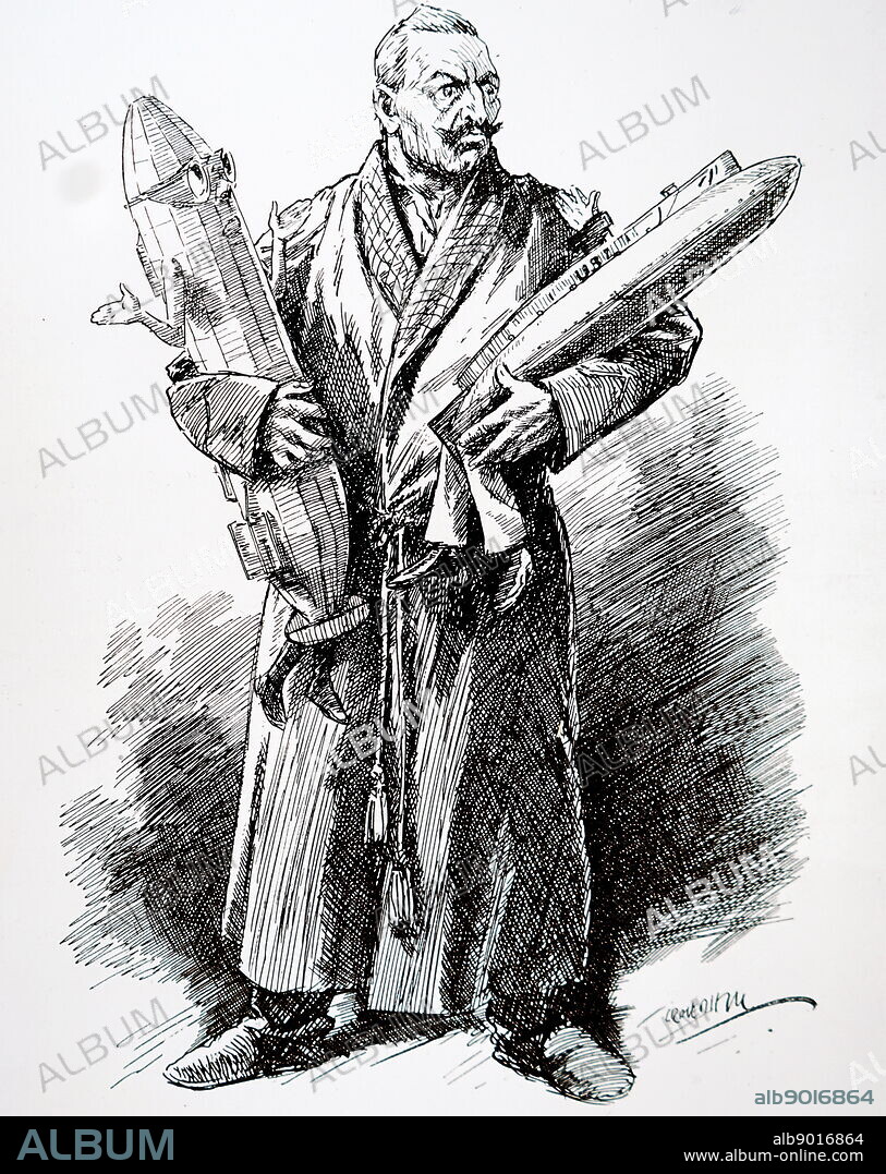 Cartoon depicting Wilhelm II (1859-1941) the last German Emperor and King of Prussia, looking disappointed by the Zeppelin and the U-Boat. Dated 20th Century.