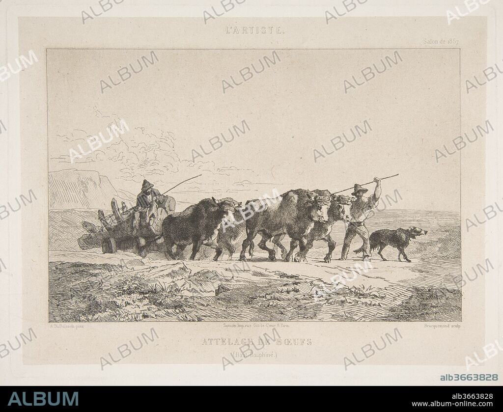 Attelage de boeufs (Haut-Dauphiné). Artist: Alexandre Dubuisson (French, Lyons 1805-1870 Versailles). Dimensions: Sheet: 9 5/16 × 12 5/16 in. (23.7 × 31.2 cm)
Plate: 7 5/16 × 9 5/8 in. (18.5 × 24.4 cm). Etcher: Félix Bracquemond (French, Paris 1833-1914 Sèvres). Printer: Imprimerie Sarazin (Paris, active 19th century). Date: 1857.