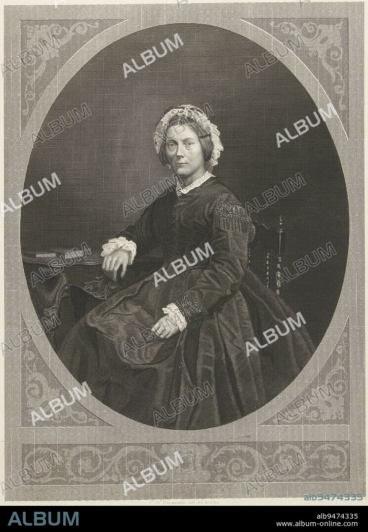 Portrait in oval frame of Emma Boissevain - Nicholls, wife of Eduard Constantin Boissevain of the Dutch patrician Boissevain family. Bust to left. Emma Nicholls is seated on a chair and leaning with her arm on a desk. On the desk several books. She is dressed in a long black dress finished with lace., Portrait of Emma Boissevain - Nicholls, print maker: Friedrich Wilhelm Burmeister, (mentioned on object), Friedrich Wilhelm Burmeister, (mentioned on object), 1855 - 1915, paper, engraving, steel engraving, h 349 mm × w 280 mm.