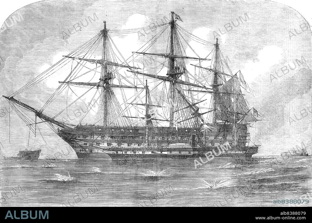 SMYTH. The Trafalgar and "Retribution" at the Siege of Sebastopol - from a sketch by Lieutenant Montagu O'Reilly, 1854. Crimean War: Royal Navy ships. 'During the attack of the Allied Fleets on Sebastopol, on the 17th October, the Retribution was lashed alongside the Trafalgar; at 3.40 p.m. a shell struck the mainmast of the steam frigate about twelve feet above the deck; the top part suddenly perforated the upper and main decks, and was secured in that portion while the ships remained "under fire"...Masts shot away in battle generally fall over the side of a ship, but here we have an instance of a lower mast so suddenly snapped, that, before it had time to incline much, the incumbent weight of yards, sails, rigging, &c., forced it through two decks, where it lodged, after narrowly passing the boiler'. From "Illustrated London News", 1854.