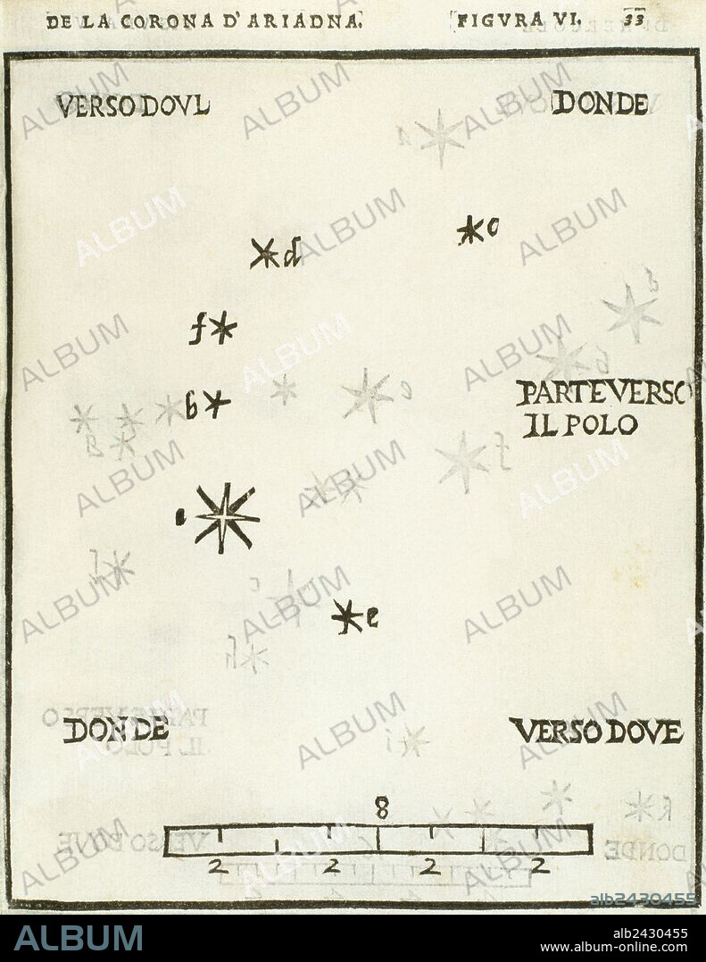 "LA CORONA DE ARIADNA". Grabado del año 1559 en el que se representa la estructura de la constelación. Pertenece al libro de astronomía "Dele Stelle Fisse", obra de Alejandro Picolomini, editado en Venecia.