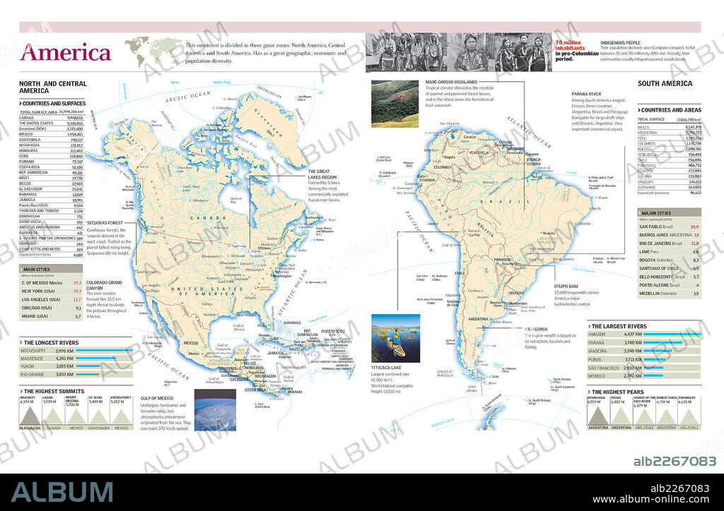 America. Mapa político y físico de América con la  superficie de cada país, principales ciudades, ríos y cumbres.