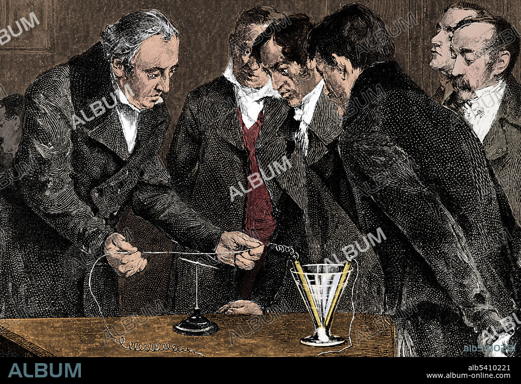 Oersted demonstrating electromagnetism, magnetism produced by an electric charge in motion. Hans Christian Orsted (1777-1851) was a Danish physicist and chemist who discovered that electric currents create magnetic fields. In 1820 Oersted noticed a compass needle deflected from magnetic north when an electric current from a battery was switched on and off, showing a relationship between electricity and magnetism. His initial interpretation was that magnetic effects radiate from all sides of a wire carrying an electric current, as do light and heat. He began more intensive investigations and published his findings, showing that an electric current produces a circular magnetic field as it flows through a wire. In 1825, Oersted made a significant contribution to chemistry by producing aluminium for the first time isolating the element via a reduction of aluminium chloride. The unit of magnetic induction (oersted) is named for him.