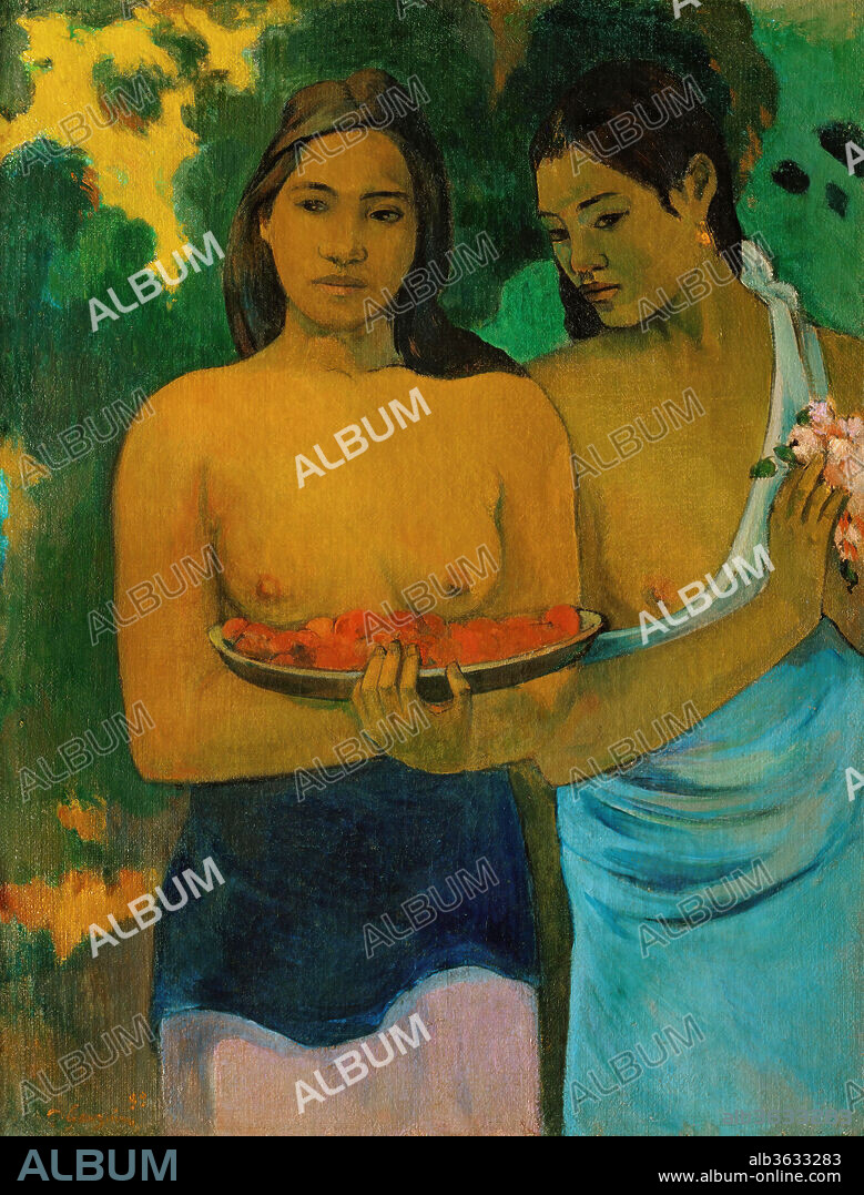 Two Tahitian Women. Artist: Paul Gauguin (French, Paris 1848-1903 Atuona, Hiva Oa, Marquesas Islands). Dimensions: 37 x 28 1/2 in. (94 x 72.4 cm). Date: 1899.
As Gauguin brought his work in Tahiti to a close, he focused increasingly on the beauty and serene virtues of the native women. In this painting, he depended on sculpturally modeled forms, gesture, and facial expression to vivify the sentiments he had used to describe the "Tahitian Eve": "very subtle, very knowing in her naïveté" and at the same time "still capable of walking around naked without shame." These two figures first appear in the artist's monumental frieze <i>Faa Iheihe (Tahitian Pastoral)</i> of 1898 (Tate, London) and again in the even larger <i>Rupe Rupe (The Fruit Harvest)</i> of 1899 (Pushkin Museum of Fine Arts, Moscow), which he composed for the upcoming Exposition Universelle of 1900.