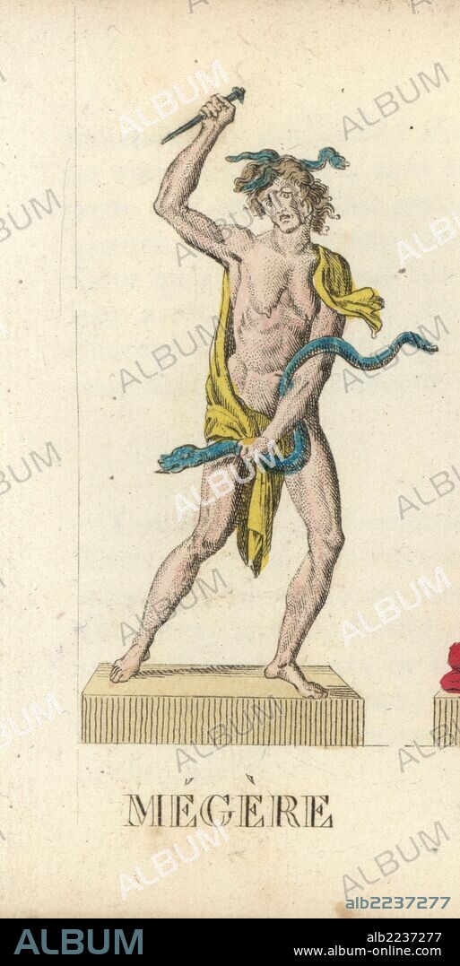 Megaera, one of the Greek Enrinyes or Roman Furies, the jealous one depicted with a dagger and snake. Handcoloured copperplate engraving engraved by Jacques Louis Constant Lacerf after illustrations by Leonard Defraine from "La Mythologie en Estampes" (Mythology in Prints, or Figures of Fabled Gods), Chez P. Blanchard, Paris, c.1820.