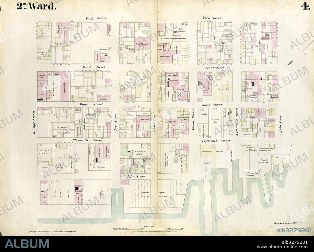 Plate 4: Map bounded by East River, Bridge Street, York Street, Main Street. 1855, William Perris, Brooklyn, New York, N.Y., USA.