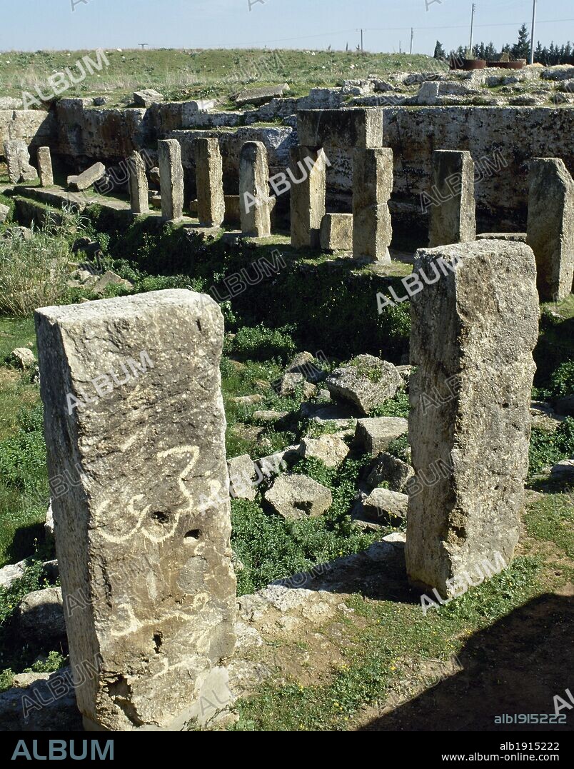 Syria. Amrit or Marathos. Ancient Phoenician city founded in 3rd millennium BC. Remains of the Temple (Ma'abed). Central courtyard colonnaded (4th century BC). Photo taken before the Syrian Civil War.