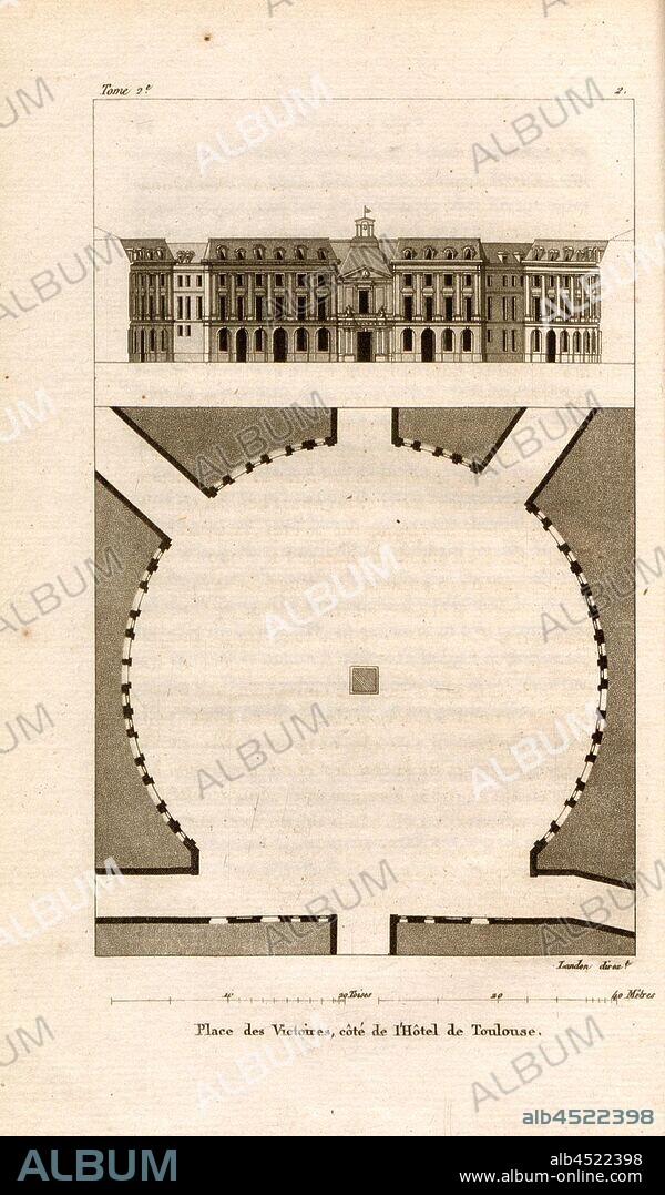 Place des Victoires, next to the Hotel de Toulouse, Plan Place des Victoires and Facade Hôtel de Toulouse in Paris, 2, after p. 10, p. 18, Landon (direxit), J. G. Legrand; C. P. Landon: Description de Paris et de ses édifices: avec un précis historique et des observations sur le caractère de leur architecture, et sur les principaux objets d'art et de curiosité qu'ils renferment. Seconde édition, corrigée avec soin dans toutes ses Parties, et considérablement augmentée. Bd. 2. Paris. Strasbourg. Treuttel et Würtz, 1818.
