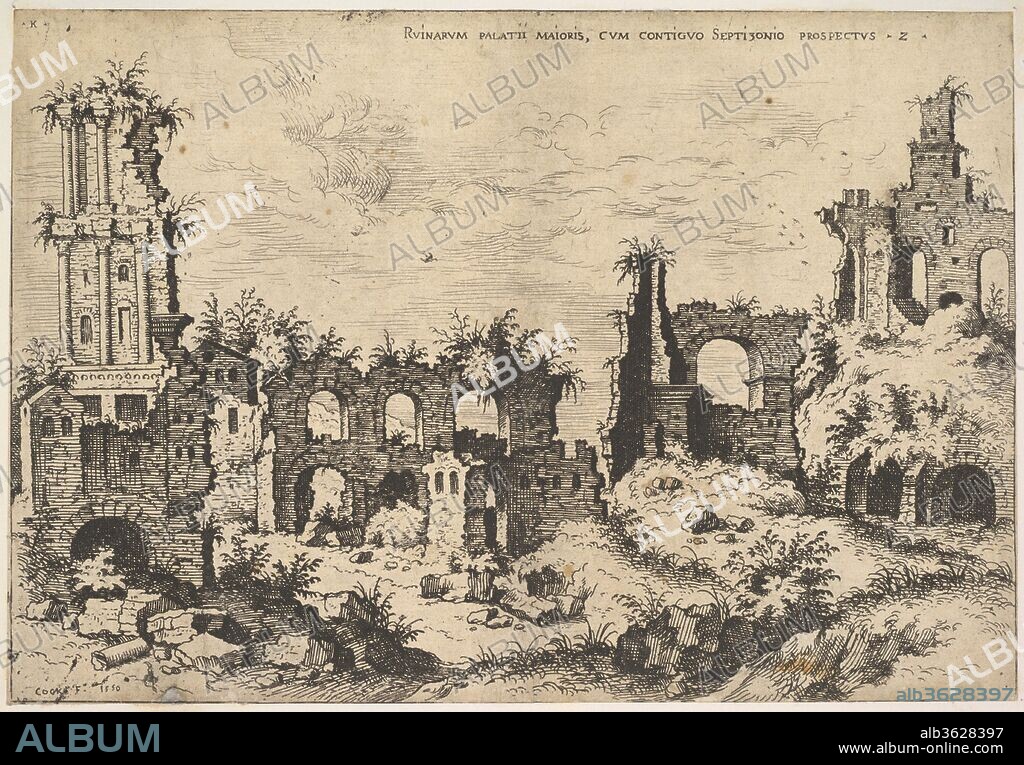 View of ruins on the Palatine Hill with trabeated facade at left and arcades at center, from the series 'The Ruins of Rome' (Praecipua aliquot Romanae antiquitatis ruinarum monimenta, vivis prospectibus). Artist: Hieronymus Cock (Netherlandish, Antwerp ca. 1510-1570 Antwerp). Dimensions: sheet: 7 11/16 x 11 1/8 in. (19.5 x 28.3 cm)
mount: 8 1/4 x 11 5/8 in. (21 x 29.5 cm). Series/Portfolio: The Ruins of Rome (Praecipua aliquot Romanae antiquitatis ruinarum monimenta, vivis prospectibus). Date: 1550.