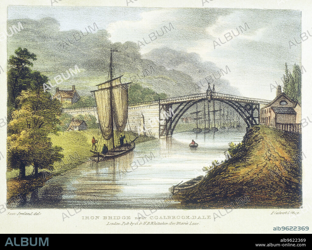 Abraham Darby III's iron bridge across the Severn at Ironbridge, Coalbrookdale, England. First iron bridge in world, built between 1776 and 1779. Lithograph from Samuel Ireland 'Picturesque Views of the River Severn', London, c1795.