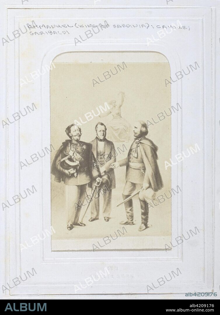 Victor Emmanuel II King of Sardinia, Giuseppe Garibaldi and Camillo Benso, Count of Cavour. Artist Unknown; European, active 1860s. Date: 1860-1869. Dimensions: 7.4 × 5.6 cm (image/paper); 9.8 × 6.4 cm (mount). Albumen print. Origin: .