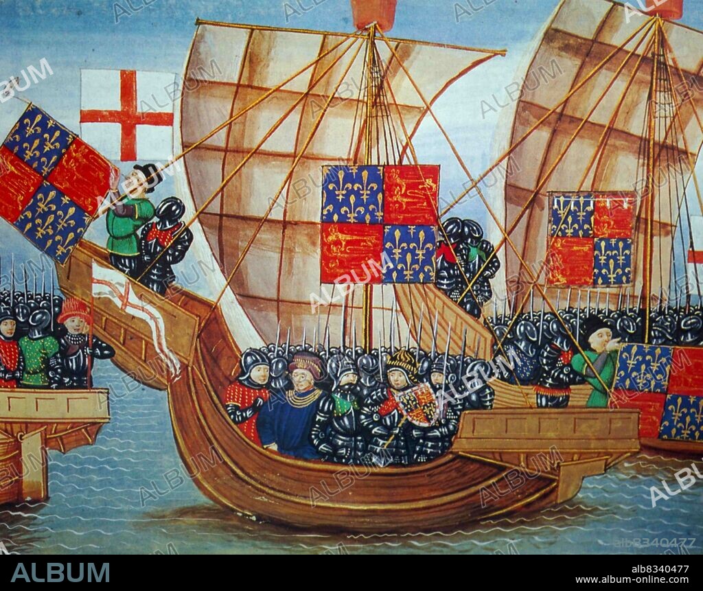 Heavily armoured English troops embarking for France at the outbreak of the Hundred Years War. The Hundred Years' War was a series of armed conflicts between the kingdoms of England and France during the Late Middle Ages.