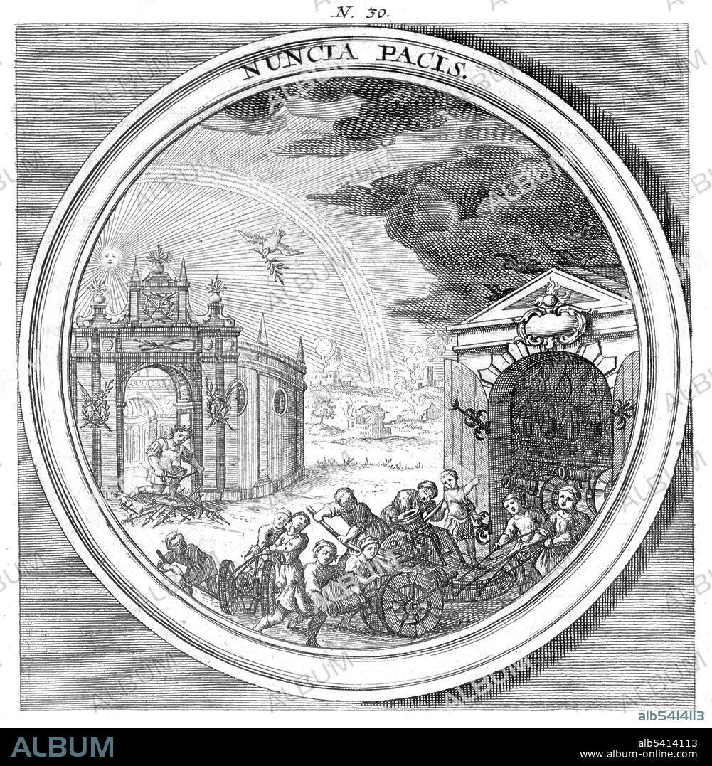 Plate 30. Nuncia pacis. Franz Reinzer (1661-1708) was an Austrian Jesuit professor of rhetoric, philosophy, and theology. His Meteorologia philosophico-politica, in duodecim dissertationes per quaestiones meteorologicas & conclusiones politicas divisa, appositisque was first published in 1697. A third edition was published posthumously in 1709. Meteorologia philosophico-politica is a meteorological, astrological, and political compendium. Subjects covered include comets, meteors, lightning, winds, fossils, metals, bodies of water, and subterranean treasures and secrets of the earth. Illustrations in the 1709 edition were done by Wolffgangus Josephus Kadoriza. Rare Book and Specials Collection, Library of Congress. NOTE: A dove with an olive branch had become established as a Christian symbol of peace.