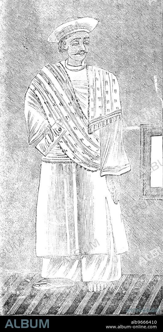 Duftoree, or Native Office-keeper, 1857. 'The Duftoree is a sort of office- keeper, attending to those general matters of an Indian office which do not come within the notice of the keranee or clerk, such, for instance, as making pens, keeping the inkstands in order, ruling account-books, and perhaps binding them; preparing and trimming the lights, setting the penknives, together with a variety of other little matters'. Engraving '...copied from drawings by native artists, some on ivory, others on talc. They are in the possession of Messrs. Smith and Co., of Leadenhall-street, and are for sale. They are sixty in number, and are very curiously and elaborately painted...[They depict] a variety of characters and incidents in Indian native life...which will almost speak for themselves'. From "Illustrated London News", 1857.