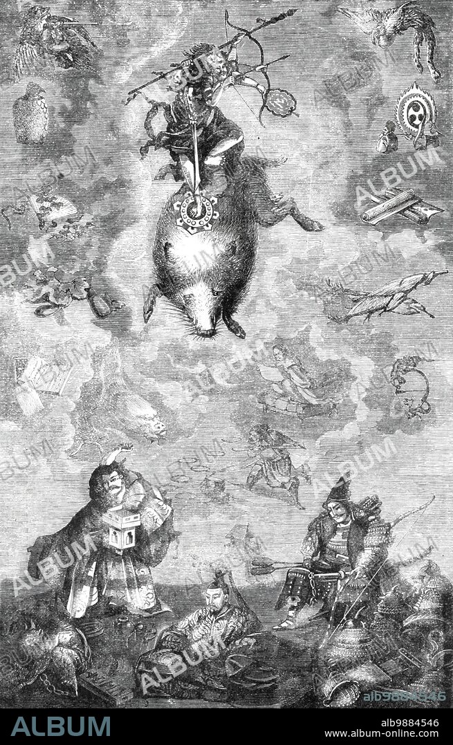 Gods of the old Japanese mythology: the War-God Maris descending on the Holy Boar, 1860. 'The winged figure to the left is Foo, and [the winged figure] to the right Tenyu... [who] represents the Japanese Mercury, or "herald of the gods". The land beneath is the land of Nippon, with its fiery mountains, its fertile valleys, and abundant rivers; and the personages in the foreground are Ten-tsi-ten-woo, the 39th Mikado, who reigned in Japan in the latter half of the seventh century of our era, the founder of public schools at the national expense for all classes of the people, and builder of a splendid temple in honour of Con-fut-zee, or Confucius. The figure seated on the ground represents Josimits, the Protector of the Mikados; and that on the right, with the uplifted arm, scattering roasted beans and driving away a dragon, is intended to personify the "People", in the character of "Paterfamilias", it being the custom for every head of a family on New-Year's Eve to traverse every part of his household and scatter roasted beans, wishing...that all good may enter and all evil depart from within his doors during the approaching twelvemonth'. From "Illustrated London News", 1860.