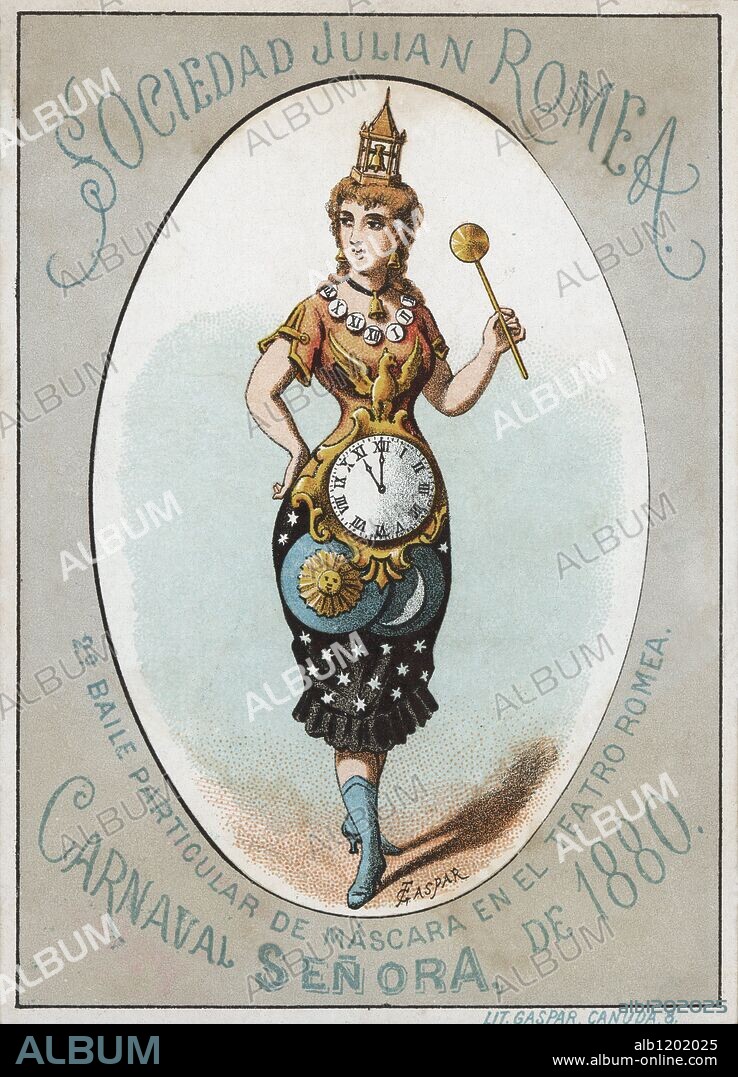 Billete de entrada de señora al Baile de Carnaval de 1880 organizado por la Sociedad Julián Romea en el Teatro Romea. Litografía en color.