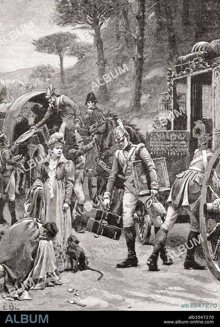 The escape of Jose Bonaparte from The Battle of Vitoria, Spain, 21 June 1813 during the Peninsula War. From The Century Edition of Cassell's History of England, published c. 1900.