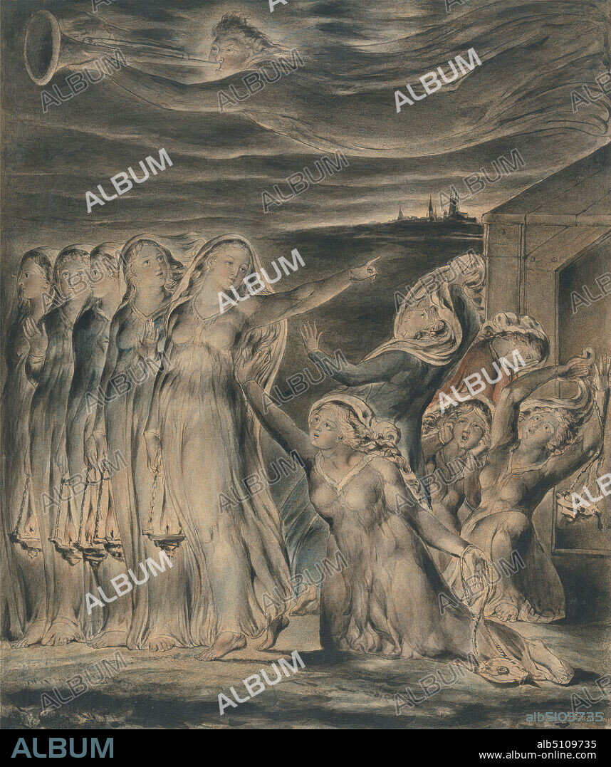 The Parable of the Wise and Foolish Virgins, William Blake, 17571827, British, ca. 1825, Watercolor with pen and black ink on medium, moderately textured, cream wove paper, Sheet: 16 5/8 x 13 7/8 inches (42.2 x 35.2 cm), angels, clouds, houses, judgments, night, oil lamps, parable, religious and mythological subject, robes, spires, trumpets, virgins, wisdom, women.