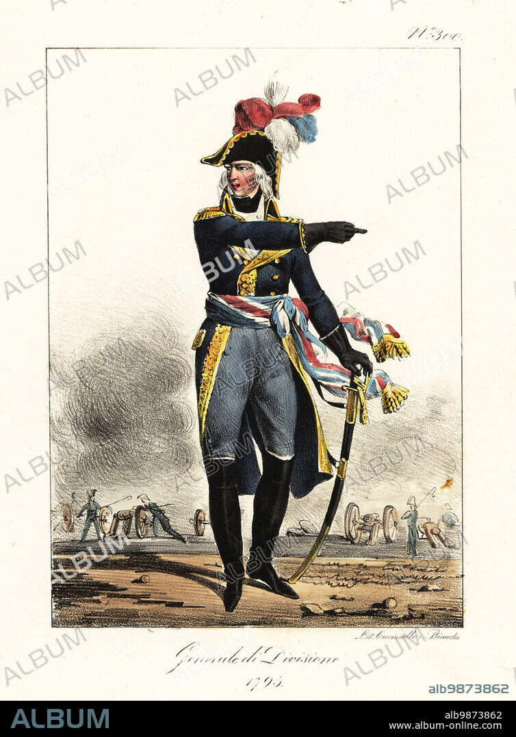 Uniform of a General in the French Revolutionary Army, 1795. He wears a bicorne with tricolor plumes, blue coat with gold epaulettes, cravat, tricolor sash belt, blue trousers, and boots. He issues orders to artillery gunners. General de Division. Handcoloured lithograph by Lorenzo Bianchi and Domenico Cuciniello after Hippolyte Lecomte from Costumi civili e militari della monarchia francese dal 1200 al 1820, Naples, 1825. Italian edition of Lecomtes Civilian and military costumes of the French monarchy from 1200 to 1820.