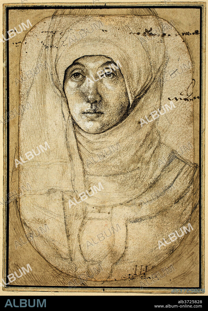 HANS HOLBEIN THE ELDER. Portrait of a Woman [recto]. Dated: c. 1508. Dimensions: overall (Oval): 14.4 x 10.3 cm (5 11/16 x 4 1/16 in.). Medium: silverpoint with brush and black and brown ink over charcoal and leadpoint, heightened with white on white prepared paper.