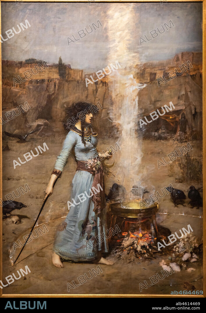 "The Lady of Shalott", 1888 by John William Waterhouse (1849 - 1917); oil painting on canvas. The painting depicts the following scene: a witch draws around herself a circle of fire and a cauldron. The landscape is rocky and there are some crows.
