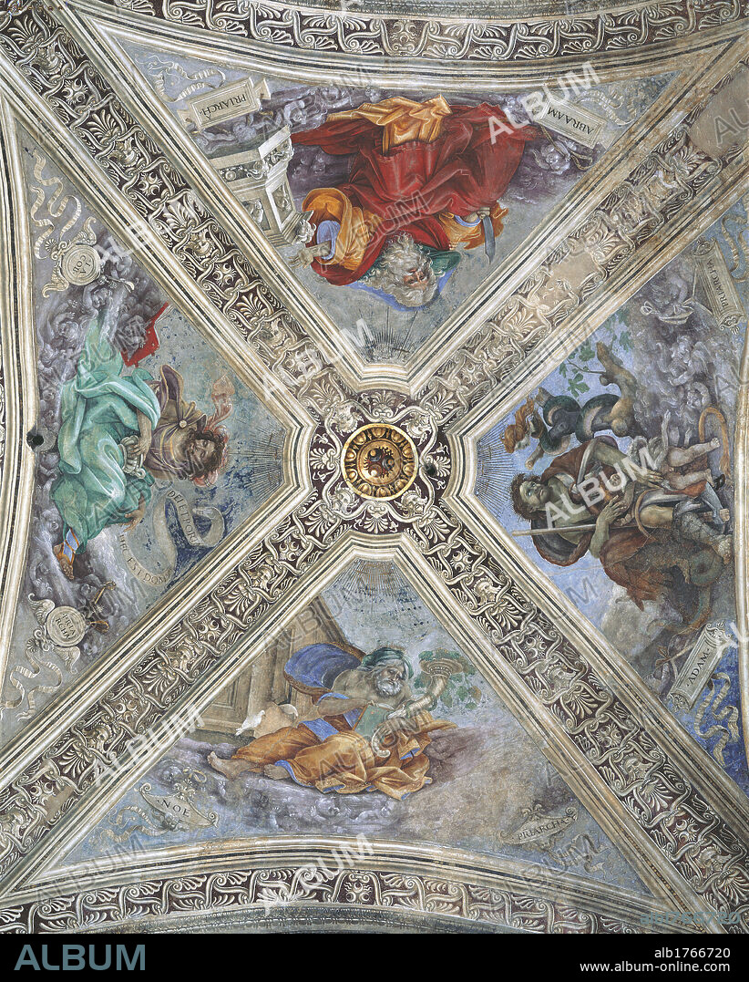 Decoration of the Vault, Strozzi Chapel, Santa Maria Novella, Florence, by Filippino Lippi, 1489, 15th Century, fresco,. Italy, Tuscany, Florence, Santa Maria Novella Basilica, Strozzi Chapel. All. View Zenith gores Adam Noah Jacob Abraham.
