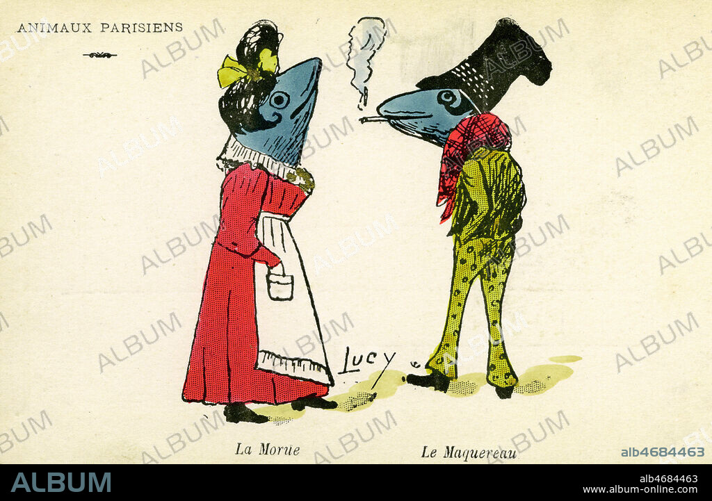 Animaux parisiens. La morue et le maquereau (fille de joie et proxénète). Illustration par LUCY pour une carte postale vers 1910. Credit : Jean Vigne/KHARBINE-TAPABOR.