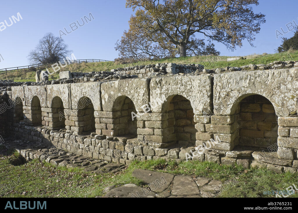 Storage alcoves in the changing room of the Roman Baths, dating from AD 138, Cilurnum (Chesters Roman Fort), Hadrian's Wall, UNESCO World Heritage Site, Chollerford, Northumbrian National Park, England, United Kingdom, Europe.