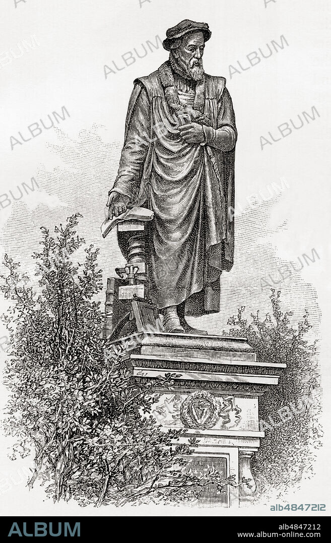 Statue of William Tyndale, Victoria Embankment Gardens, London, England in the 19th century.  William Tyndale, sometimes spelled Tynsdale, Tindall, Tindill, Tyndall; c.â€‰1494 â€“ 1536. English scholar and translator of the bible.  From London Pictures, publi.