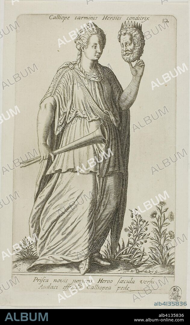 Calliope, Muse of Epic Poetry, plate 12 from Parnassus Biceps. Johann Theodor de Bry (German, 1561-1623); after Jean-Jacques Boissard (French, 1533-1598). Date: 1601. Dimensions: 223 × 140 mm (image); 240 × 140 mm (plate); 260 × 160 mm (sheet). Engraving in black on ivory laid paper. Origin: Frankfurt an der Oder.
