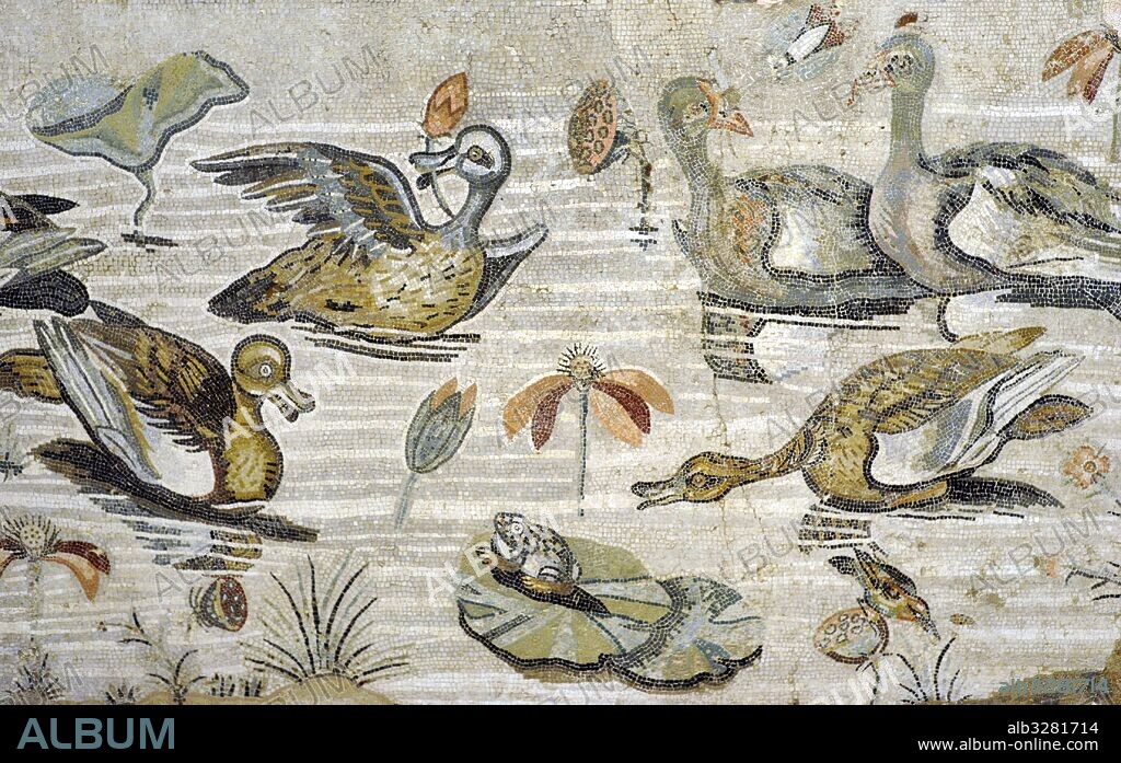 Mosaico romano. Representación de un paisaje nilótico. Casa del Fauno (VI, 12, 2). Pompeya, sur de Italia. Museo Arqueológico Nacional. Nápoles. Ilia.