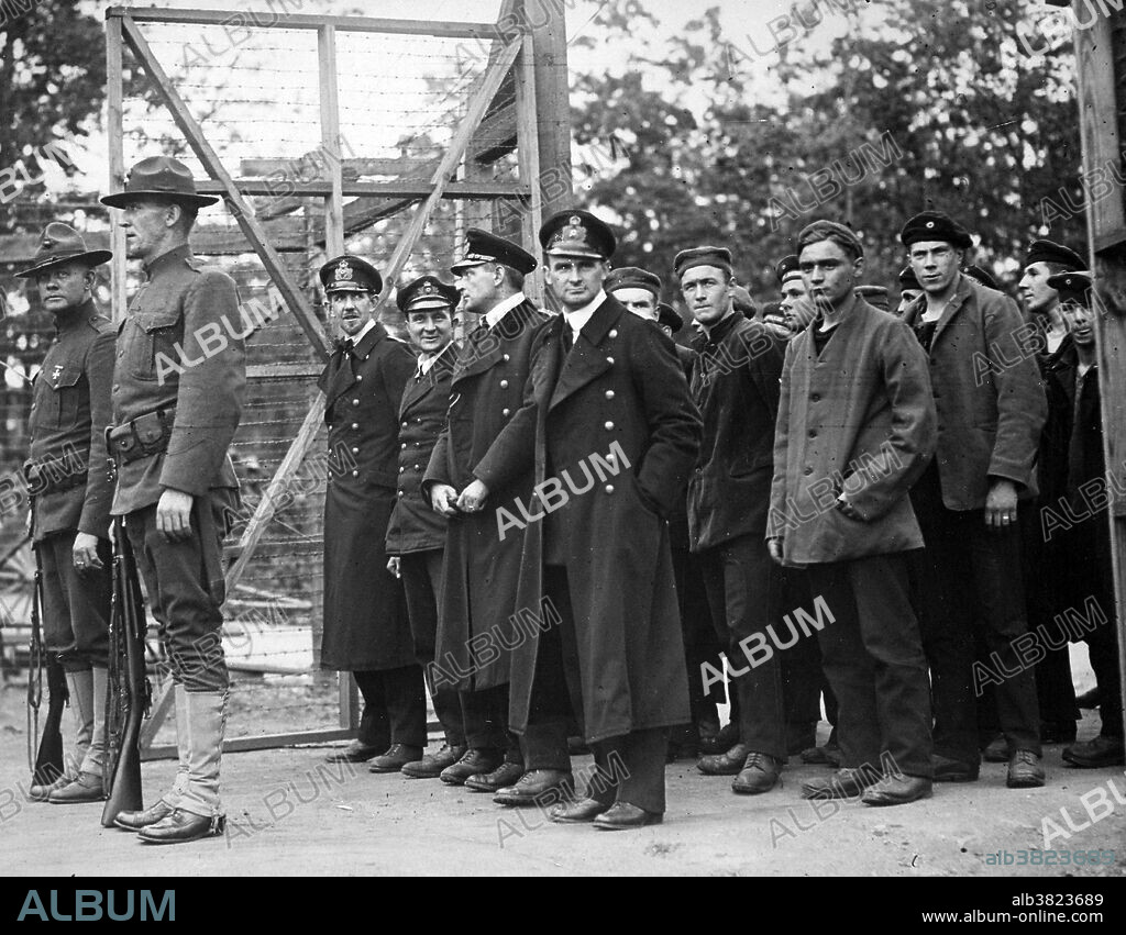 Officers and crew of the German submarine U-58 entering the War Prison Camp at Fort McPherson, Georgia. SM U-58 was one of the 329 submarines serving in the Imperial German Navy in World War I. The Action of November  17, 1917 was a naval battle fought between a German submarine and two United States Navy destroyers in the North Atlantic Ocean. The USS Fanning and USS Nicholson's sinking of U-58 was one of only a few engagements of World War I in which U.S. Navy warships sank an enemy submarine, and the first time U.S. ships sank a submarine in combat. Photo taken by Mathewson & Winn, April 1918.
