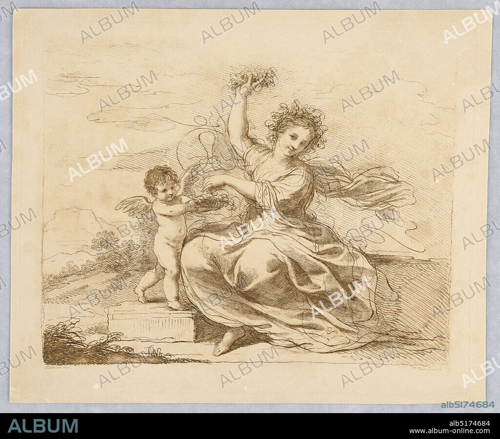 Flora, with a Cupid, Francesco Bartolozzi, Italian, active England, 17271815, Giovanni Francesco Barbieri (called Guercino), Italian, 1591 1666, Engraving in brown ink on white paper, Flora sits, center, with her right hand she holds a garland high, and she picks more flowers from a basket held by the putto, with her left hand. Beyond, plants and mountains and clouds., Italy, ca. 17601770, Print, Print.
