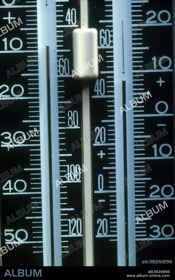 Close up of mercury columns in an outdoor thermometer.