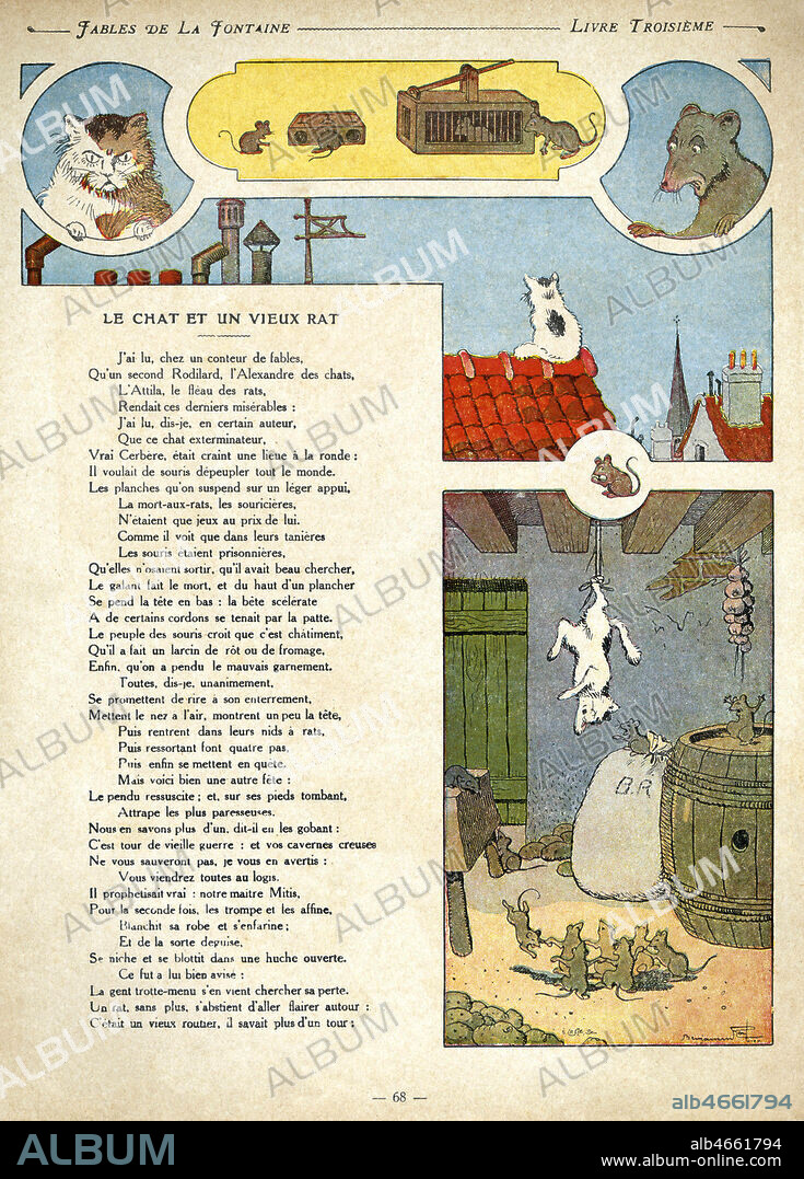 Le chat et un vieux rat. Debut de la fable de Jean de LA FONTAINE (1621-1695) illustree en 1906 par Benjamin RABIER (1864-1939). Credit : Coll. Jonas/KHARBINE-TAPABOR.