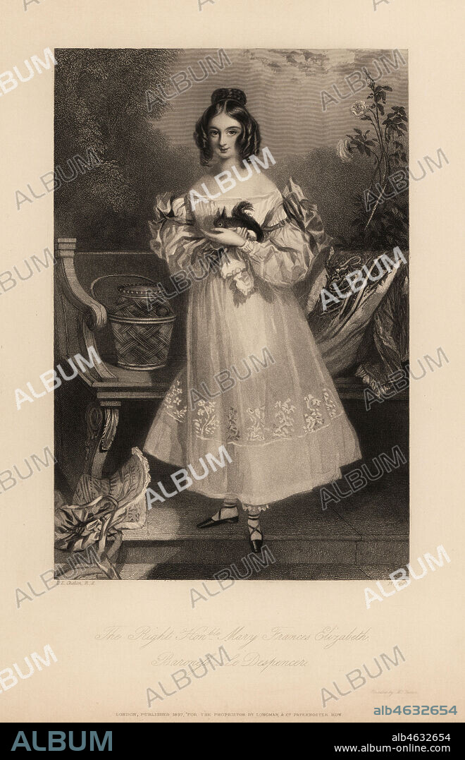 Mary Frances Elizabeth Stapleton, 17th Baroness le Despencer, aged 15. Later wife of Evelyn Boscawen, 6th Viscount Falmouth. Hair in ringlets, wearing an off-the-shoulder dress with ribbons and lace, lace bloomers, holding a pet squirrel, bonnet on ground. Steel engraving by Henry Cook after an illustration by Alfred Edward Chalon from Charles Heaths Portraits of the Children of the Nobility, Longmont, London, 1838.
