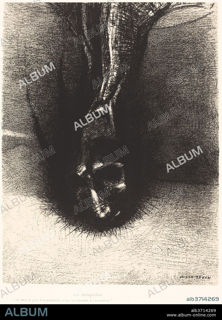 ODILON REDON. Les Sciapodes: La tete le plus bas possible, c'est le secret du bonheur! (The Skiapods: "The head as low as possible, that is the secret of happiness!"). Dated: 1889. Medium: lithograph.