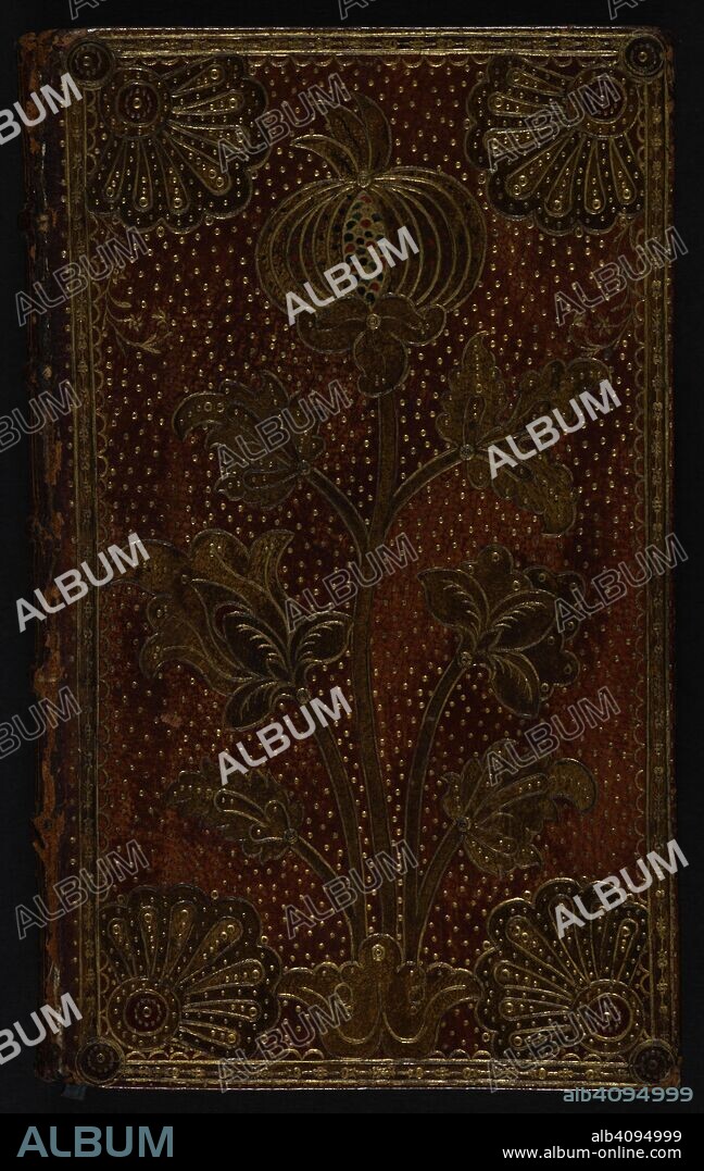 PADELOUP, ANTOINE MICHEL, LE JEUNE. An inlaid French binding displaying a plant, probably a pomegranate with seeds. Heures Nouvelles dedieÌes a la reine, contenant des prieres et des instructions sur toutes les actions de la journeÌe & sur les Sacremens; des MeÌditations sur les Dimanches & les FeÌ‚tes de l'anneÌe, & pour chaque jour du mois; l'abbregeÌ des devoirs des ChreÌtiens dans chaque eÌtat, &c. Avec l'office de l'Eglise, aÌ€ l'usage de Rome. Paris : Herissant Fils, 1749. Source: C.48.b.8 upper cover / binding.