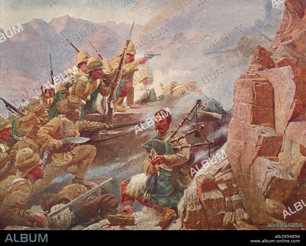 Storming of the Dargai Heights by the 1st Gordon Highlanders and the Gurkhas, 1897 (1906). Figthing between British troops and Afridi tribesmen on the North-West Frontier during the Tirah Campaign. Four Victoria Crosses were awarded after the action. One of the recipients was piper George Findlater (pictured) who continued to play to encourage his battalion`s advance, despite having been wounded. From Cassell's History of England, Vol. IX, [Cassell and Company, Limited, London, Paris, New York & Melbourne, 1906].