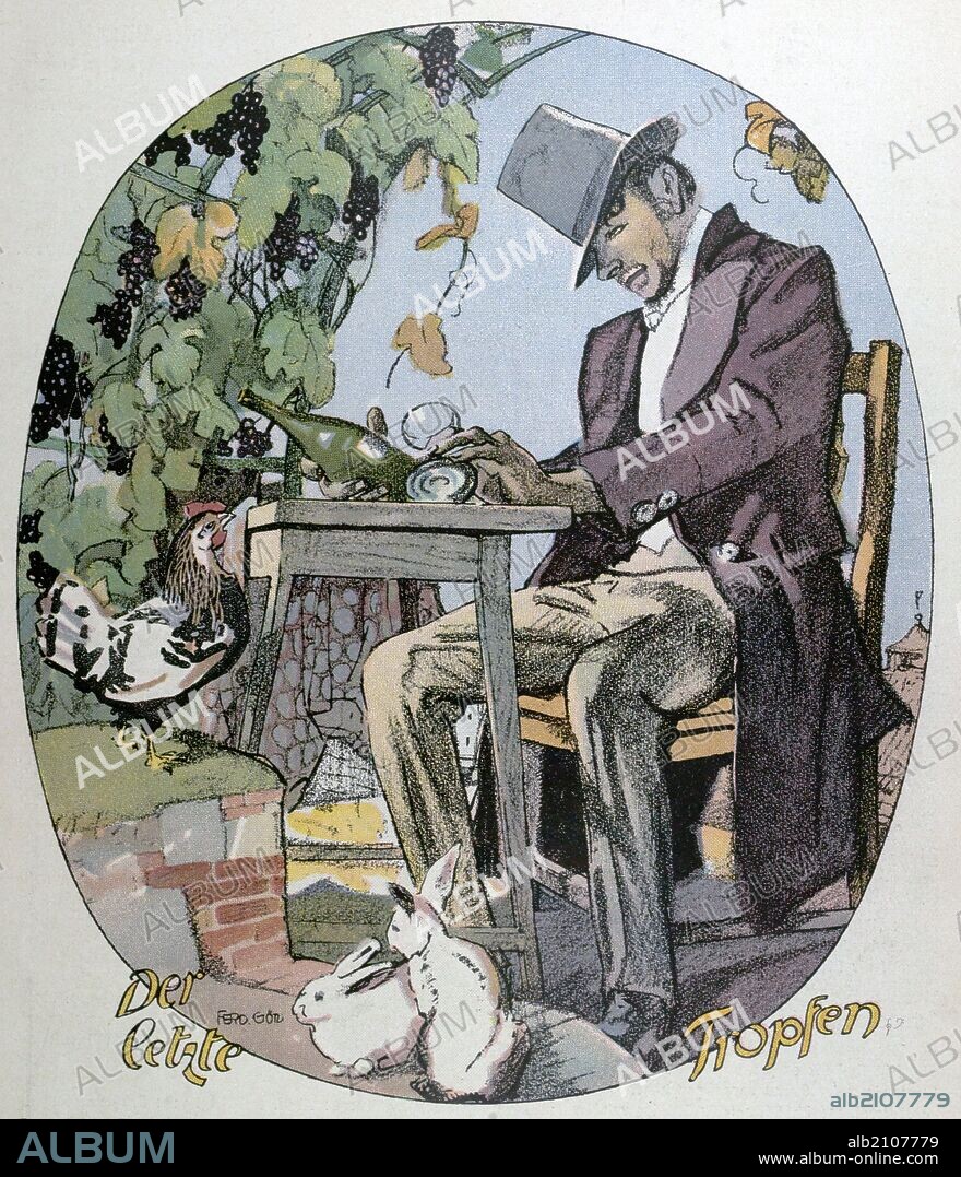 A glass of wine by Ferdinand Gotz, 1874-1936, German. food and drink, liszt gourmet archive, glass, bottle, wine, alcohol, garpes, vines, garden, outdoors, table, chair, chicken, elegant dress, man, hat, bunnies, bunny, rabit, rabits.