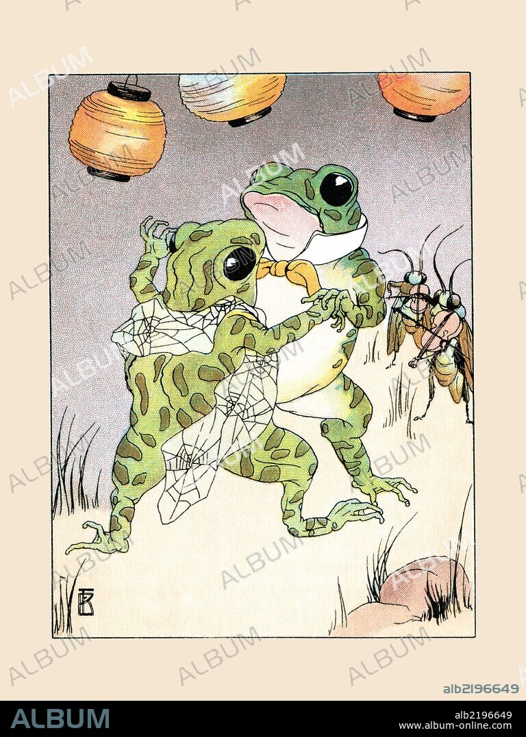 Miss Frog dances with Billy Bullfrog as the crickets play violins.  An illustration from a series of children's books which came free with the Public Ledger newspaper.
