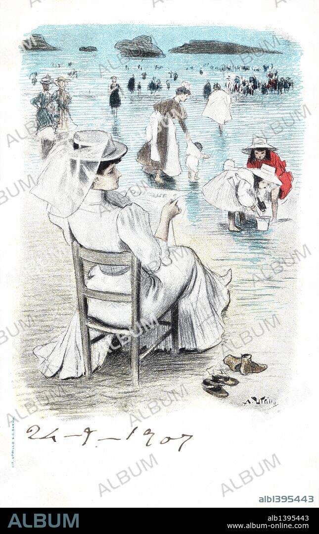 ANTONI UTRILLO VIADERA. Tarjeta postal. Escenas de baño en la costa de Barcelona. Mujer sentada en una silla en la playa contemplando el mar. Años 1905.