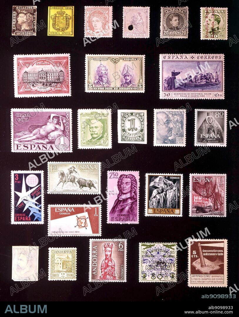 EUROPE - SPAIN: (left to right) 1. 6 cuartos, 1850, 2. 0.5 ounce, official stamp, 1854, 3. 1 milesima, 1870, 4. 1 peseta, 1873, 5. 20 centimos, 1901, 6. 10 centimos, 1931, 7. Parliamentary stamp, 1916, 8. 5 centimos, 1928, 9. 50 centimos, 1930, 10. 1 peseta, 1930, 11. 10 centimos, 1936, 12. 1 centimo, 1937, 13. 35 centimos, 1951, 14. 80 centimos, 1954, 15. 3 pesetas, 1958, 16. 1.80 pesetas, 1960, 17. 2.50 pesetas, 1961, 18. 10 pesetas, 1966, 19. 1 peseta, 1965, 20. 1 peseta, 1966, 21. Carlist government, 1 real, 1873, 22. Andorra, 2 centimos, 1929, 23. Andorra, 6 pesetas, 1964, 24. Canary Islands, 80 centimos, 1937, 25. Spanish Civil War, 5 centimos, 1936.