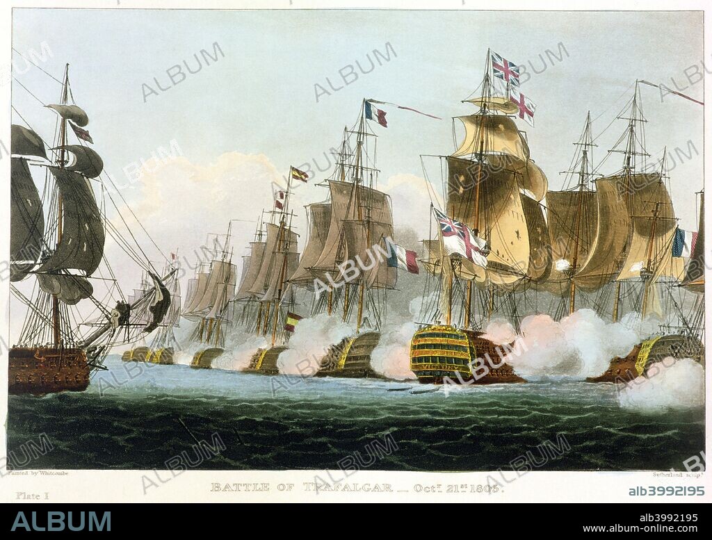Battle of Trafalgar, October 21st 1805 (1816). Scene from the famous naval battle in which Lord Nelson decisively defeated the Spanish and French fleet during the War of the Third Coalition. From The Naval Achievements of Great Britain by James Jenkins, published 1816.