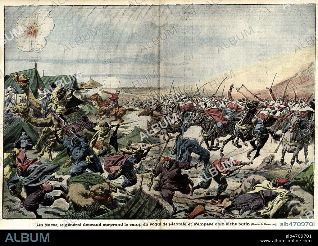 'Au Maroc, le general Gouraud (1867-1946) surprend le camp du rogui de Fiehtala et s'empare d'un riche butin'. Illustration par DAMBLANS (1865-1945) pour Le Pelerin du 21 juillet 1912. Credit : Collection KHARBINE-TAPABOR.