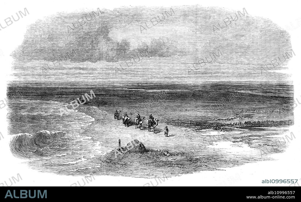 The Isthmus of Suez Maritime Canal: the Pelusian Plain, 1869. 'The Maritime Canal is to extend from the newly-constructed artificial harbour of Port Saïd, on the Pelusian coast of the Mediterranean, to the port of Suez, at the head of the Red Sea...As the Menzaleh lake is on the west, the plain of Pelusus is on the east side of the Suez Canal. This plain is, in fact, the portion of the lake which has been filled up and become solid ground - a process which has been evidently going on for many a day. As islands on the lake are the features on the one side, small lakes on the plain form the distinctive character of the other. The highway from Palestine, Syria, and Persia came by this plain; a road still exists, and a ferry had to be established at Kantara, which word expresses ferry, and tells of the former existence of the means of crossing the waters of the lake at this place...The country on this part of the coast is exceedingly flat. On approaching the sea large lagoons are seen, formed by the inundations of two branches of the Nile; beyond this is a narrow strip of sand, scarcely rising above the sea-level'. From "Illustrated London News", 1869.