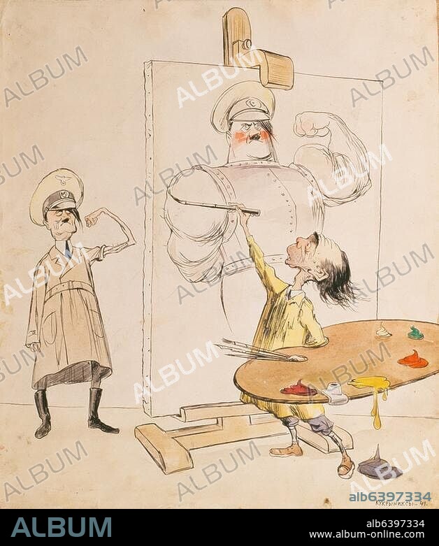 Hitler, Adolf; Politiker (NSDAP); Braunau 20.4.1889-(Selbstmord) Berlin 30.4.1945.-"Es wird nichts so heiß gegessen, wie es gekocht wird".-(Karikatur). Aquarell, 1941, des Kollektivs Kukrynsky (M.W.Kuprijanow, P.N.Krylow u.N. A.Sokolow). / Aquarell und Tusche auf Papier, 36,3 x 31,6 cm.