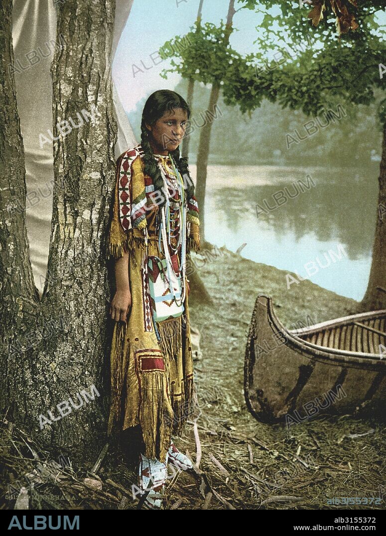 Minnesota: 1904 A photochrome of Minnehaha as she awaits the arrival of Hiawatha.
