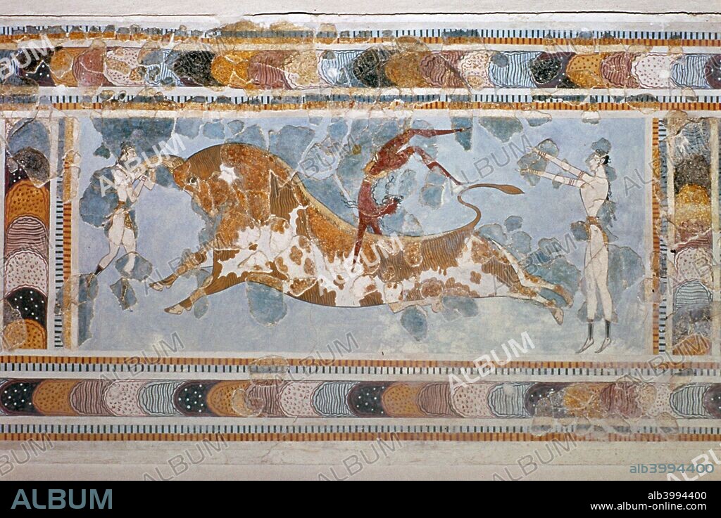 Bull-leaping' fresco from the palace of Knossos, from the Archaeological Museum's collection, Heraclion, Crete.